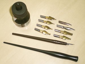Dip pen holders, Pen nibs, India ink