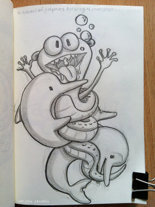 A school of dolphins twisting a monster